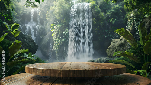 empty brown wooden podium on evergreen rain forest background with large waterfalls behind Natural water product present placement pedestal counter display