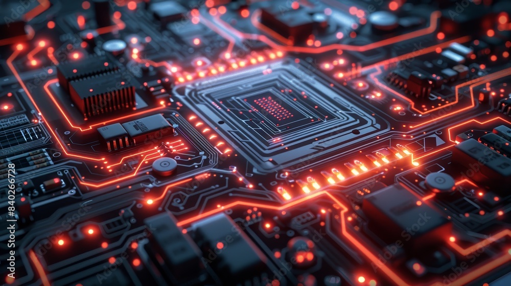 Close-up of a computer motherboard with glowing circuits, showcasing technology and electronics in vivid detail. Close-up of a computer motherboard with glowing circuits, showcasing technology and electronics in vivid detail.