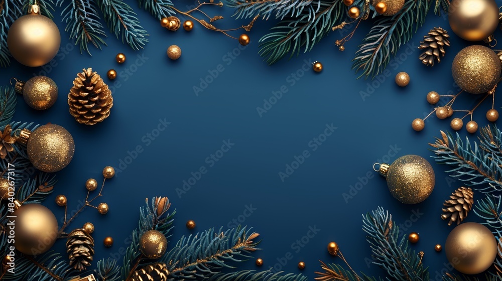 Elegant Christmas background with golden ornaments, pine cones, and evergreen branches on a blue backdrop. Perfect for holiday greetings.