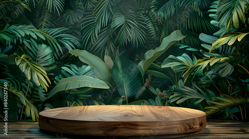 Wooden podium in tropical forest for product presentation and green background