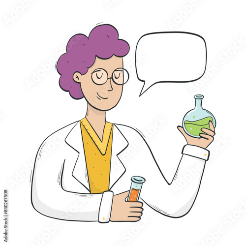 Woman scientist holding chemical flasks with speech bubble for text. Teacher, doctor, researcher drawing for stickers, prints, banners, cards. Medicine, education, science theme. EPS 10