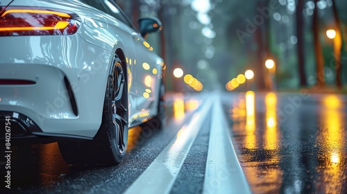 White Car Parked On Wet Road With Streetlights At Night