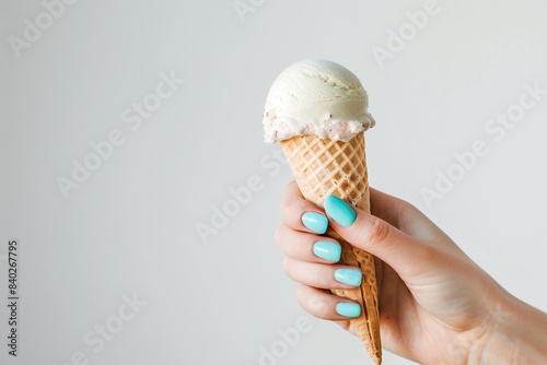 Eine Frauenhand mit Türkis lackierten Fingernägeln hält ein Eis in der Waffel in der Hand  photo