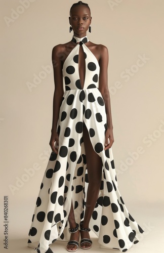 Woman Wearing Black and White Polka Dot Halter Dress photo