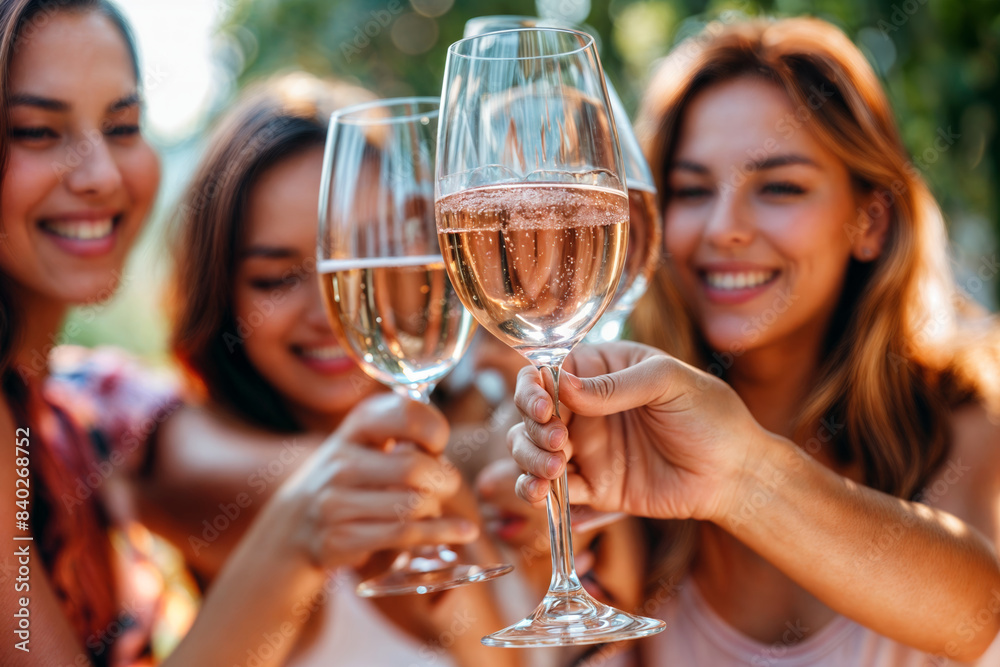 Women toasting with glasses of rosé wine in an outdoor garden setting, enjoying a sunny day celebration with smiles and laughter Women toasting with glasses of rosé wine in an outdoor garden setting, enjoying a sunny day celebration with smiles and laughter