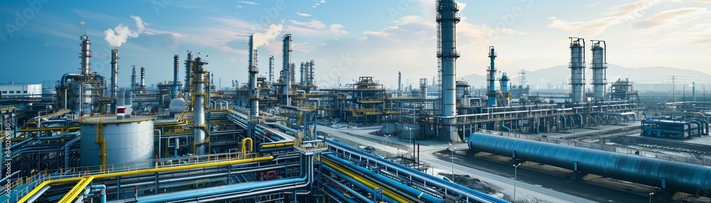 Panoramic view of a massive industrial complex with various structures, pipes, and machinery under a clear blue sky. Panoramic view of a massive industrial complex with various structures, pipes, and machinery under a clear blue sky.