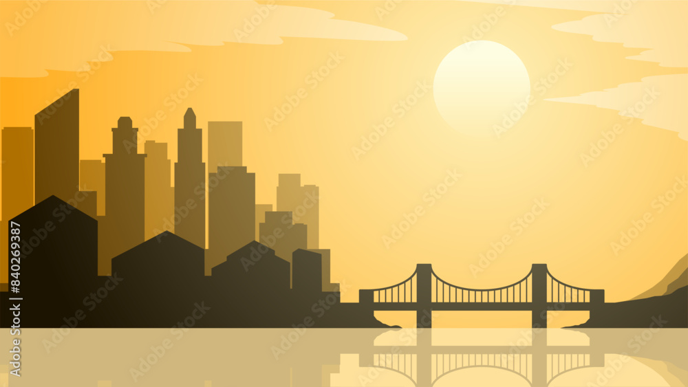 Obraz premium Cityscape illustration of bridge and buildings with water reflection