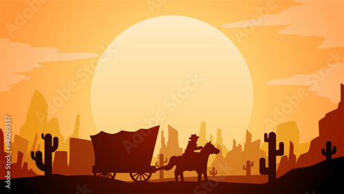 Landscape illustration of wild west desert with cowboy and carriage