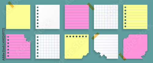 Vector paper templates, note papers, reminders, stickers, realistic backgrounds, torn lists, square backdrops.