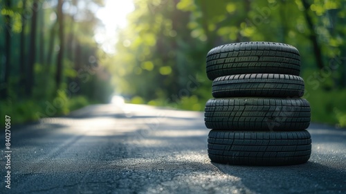 A Stack of Tires on a Forest Road