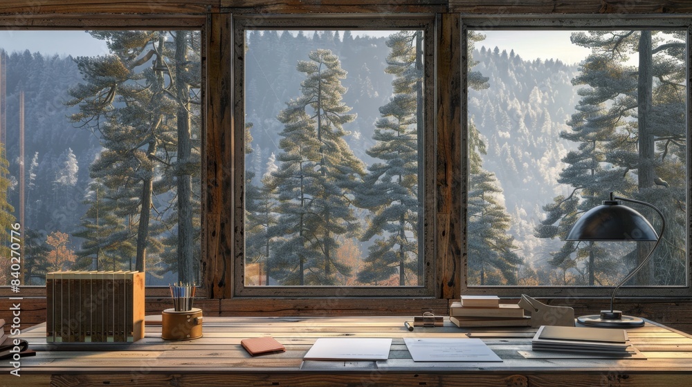 Rustic Charm Luxury Cabin Rental Office with Forest View and Blank Business Cards Perfect for Your Next Getaway Rustic Charm Luxury Cabin Rental Office with Forest View and Blank Business Cards Perfect for Your Next Getaway