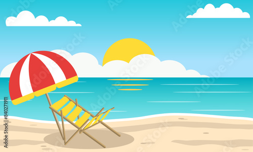 Tropical beach summer scene with a deckchair and umbrella, holiday or vacation concept with space for text