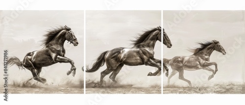 Elegant Equestrian Triptych: Dynamic Horse Art in Three Panels © Bernardo