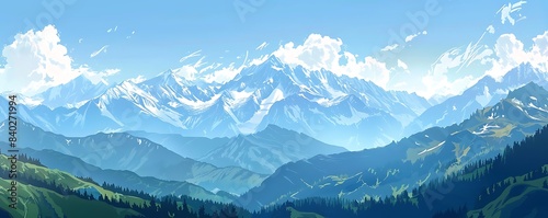 a majestic mountain stands tall against a clear blue sky, with a fluffy white cloud floating by