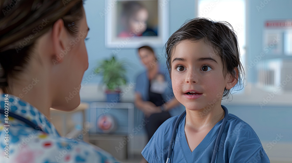 Doctor talking to little girl in hospital ward. Doctor talking to little girl patient.