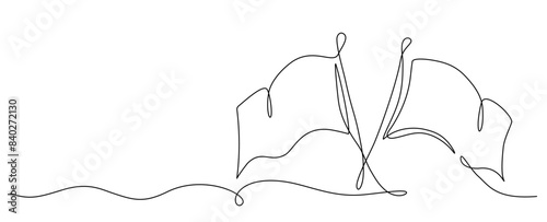 Crossed flags single continuous line art drawing. Black and white vector border design. 