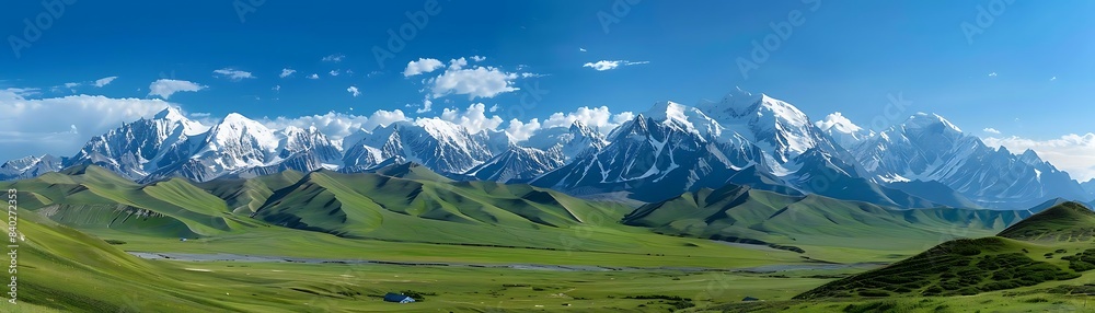 a majestic mountain stands tall against a clear blue sky, framed by fluffy white clouds a majestic mountain stands tall against a clear blue sky, framed by fluffy white clouds