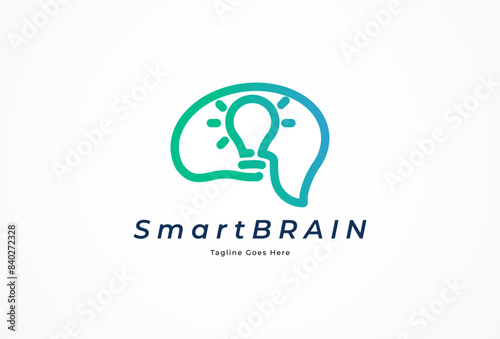 Smart Brain Logo,  brain with light bulb icon combination, brain design logo template, vector illustration