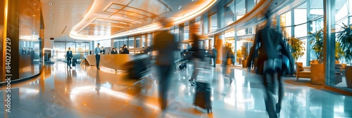 A busy airport lobby with people walking around and carrying luggage. The atmosphere is bustling and energetic, with people rushing to catch their flights or waiting for their loved ones
