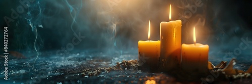 A close up of three candles on a table with a blue background. The candles are lit and the mood of the image is calm and peaceful photo