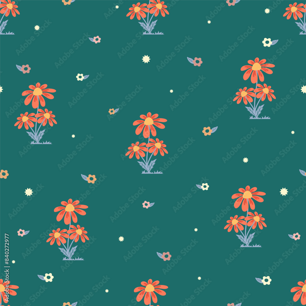 Colorful simple summer meadow seamless pattern. Leaves and flowers on green background. Colorful simple summer meadow seamless pattern. Leaves and flowers on green background.
