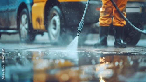 A man in a yellow jumpsuit is spraying water on a car. The car is behind him and is partially visible © Tirawat