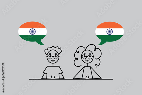 hindi speakers, cartoon boy and girl with speech bubbles in India flag colors, learning indian language vector illustration