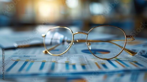 Gold Rimmed Eyeglasses Resting On Financial Charts © yganko