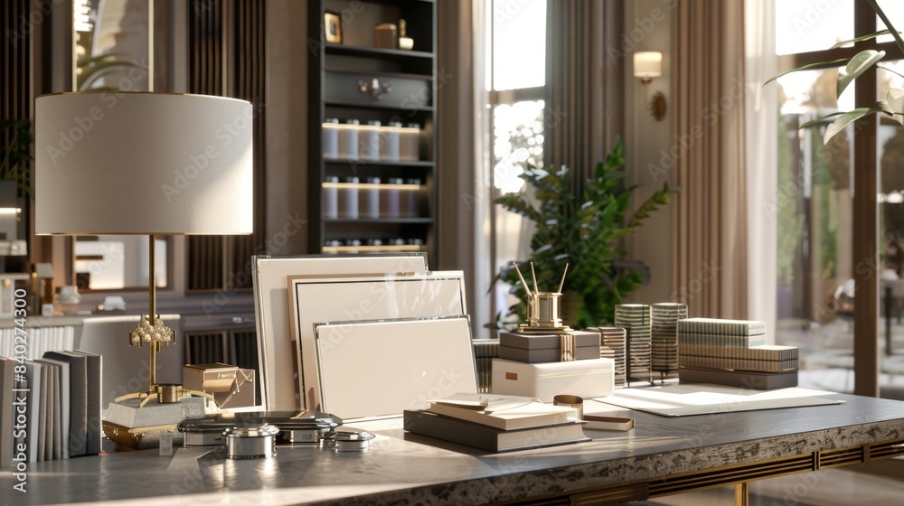 Fototapeta premium Exquisite Interior Design Showcase Elegant Business Cards on Luxurious Console Table with Home Decor Swatches HighEnd Showroom Concept