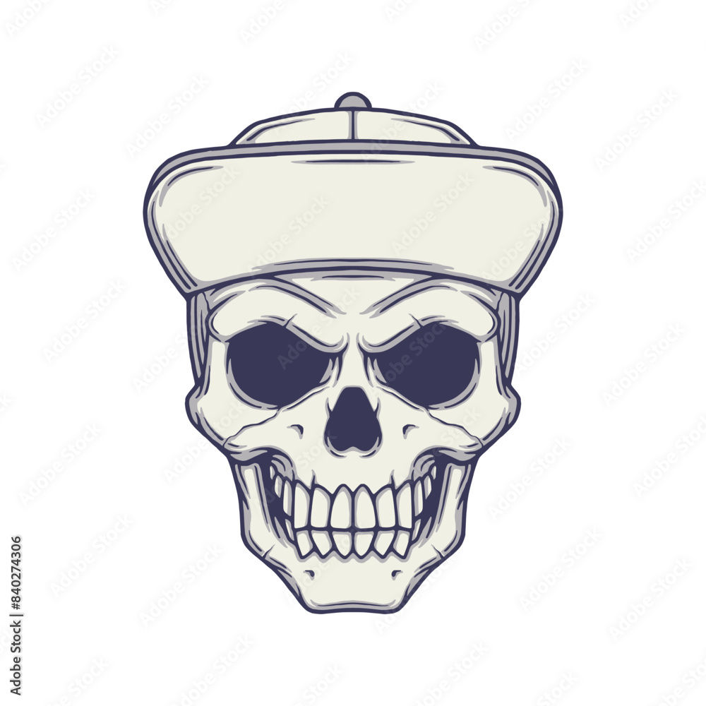 Skull head with baseball cap illustration. Cartoon skull wearing a hat vector. Isolated on white background.
