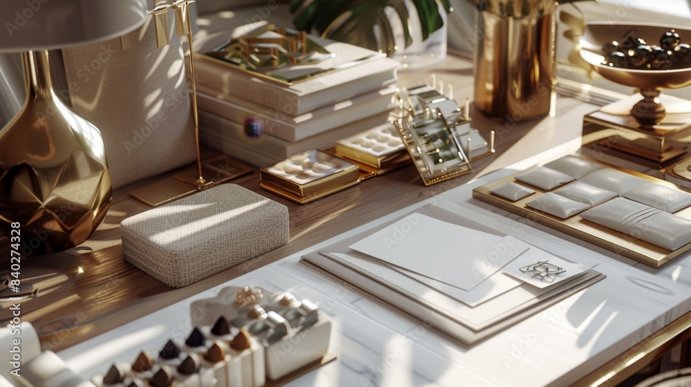 Exquisite Interior Design Studio Business Cards 3D Renderings and Fabric Samples on Elegant Desk