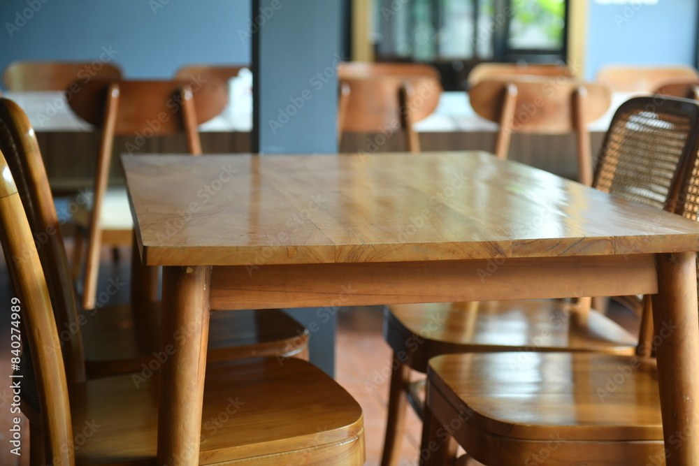 wooden tables and chairs, empty tables, empty space wooden tables and chairs, empty tables, empty space