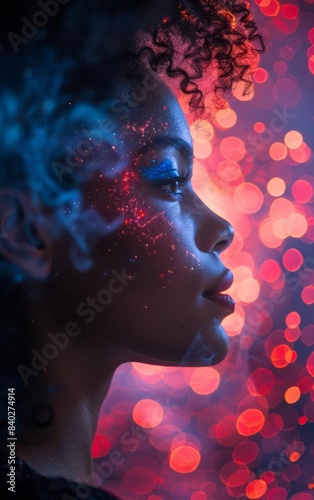 A woman's profile with glowing blue and red light and bokeh lights in the background.