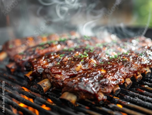 Close-up of barbecue ribs on a grill, with smoke rising and flames visible beneath.  The ribs are glistening with sauce. photo