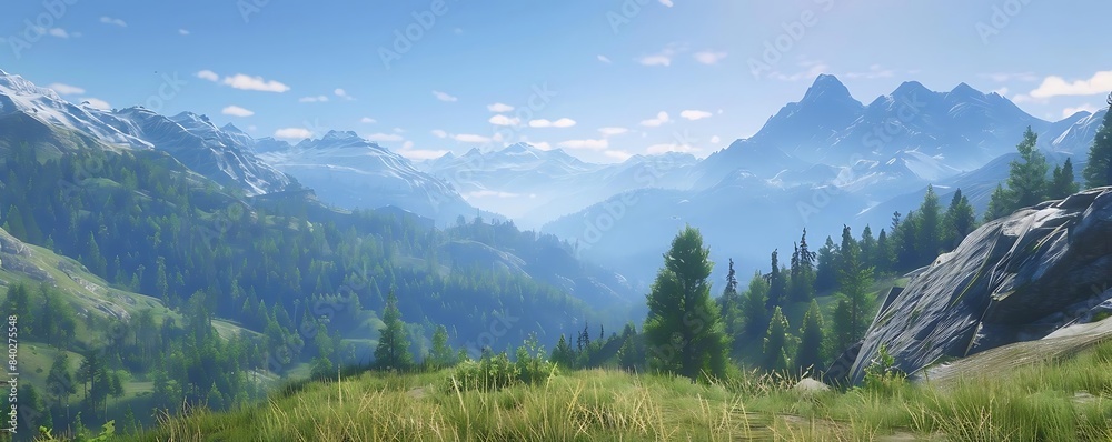 a serene mountain landscape with tall green trees and grass under a blue sky with white clouds a serene mountain landscape with tall green trees and grass under a blue sky with white clouds