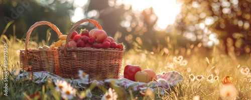 Rustic picnic basket filled with fruit on a blanket in a field.