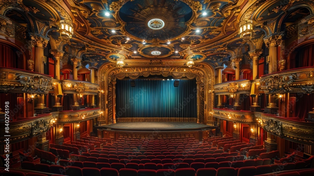 Obraz premium 1920s silent film theater, with ornate gold details and monochrome screen