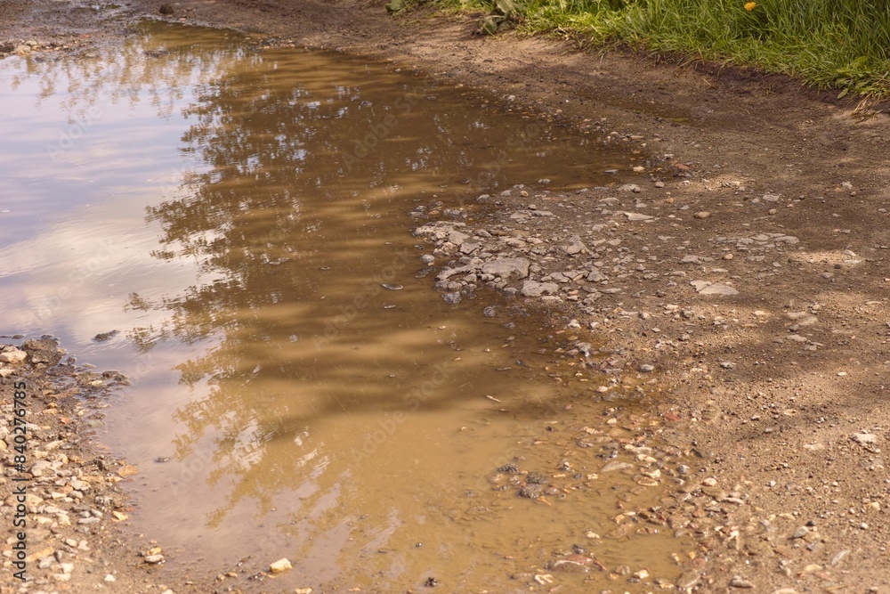 A large muddy puddle in a dirt road. A large muddy puddle in a dirt road.