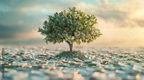 3D render of A surreal scene of a money tree, with statistical graphs growing as leaves and branches, symbolizing financial growth and prosperity, Leading lines, centered in frame, natural light,
