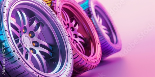 Colorful Spoke Wheels With Patterned Tires on a Pink Background