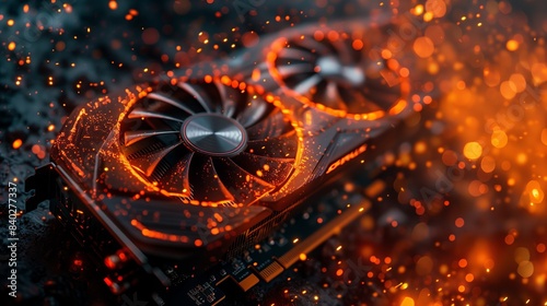 Close up of an gaming graphics card with fans, fire and sparks flying around it. Overheating gpu hardware after overclocking. Graphic card service concept.