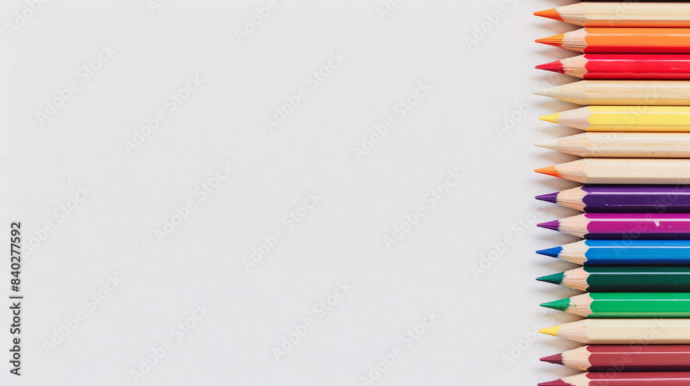Multi-colored pencils lie aside in the row on white background. Copy space Multi-colored pencils lie aside in the row on white background. Copy space