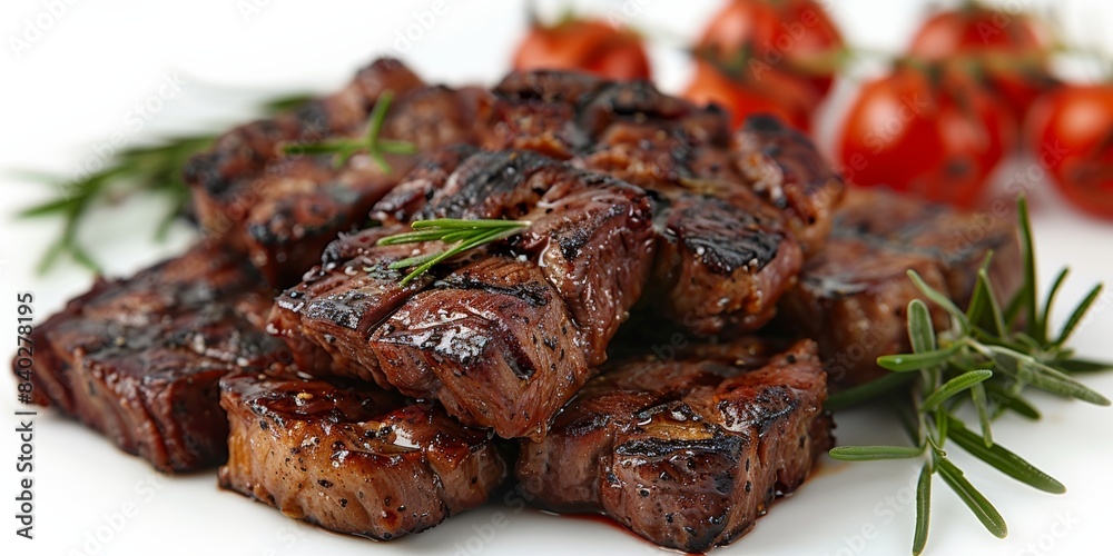 A succulent grilled steak with rosemary garnish, served on a white plate. A succulent grilled steak with rosemary garnish, served on a white plate.