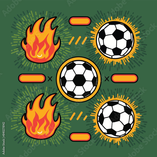 A set of three templates with soccer balls and flames. Elements for design. Colored vector illustration
