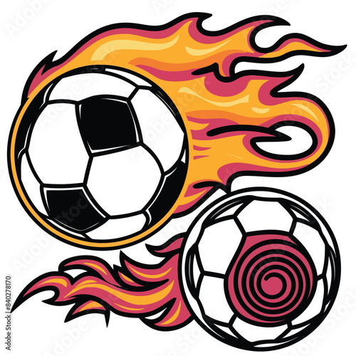 A set of three templates with soccer balls and flames. Elements for design. Colored vector illustration
