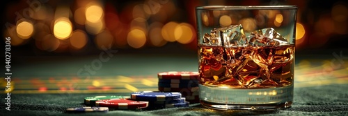 In a bustling casino, whiskey flows as players try their luck at poker.