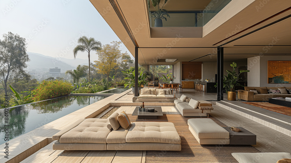 A minimalist residential home features clean lines and floor-to-ceiling windows, with open-plan interiors and seamless indoor-outdoor flow 