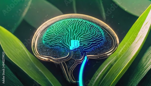 A glowing brain connected to bio mass with a digital circuit design.