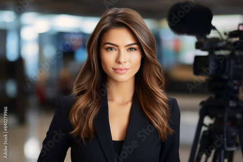 Professional reporter journalist in front of camera making breaking news reportage Generative AI picture