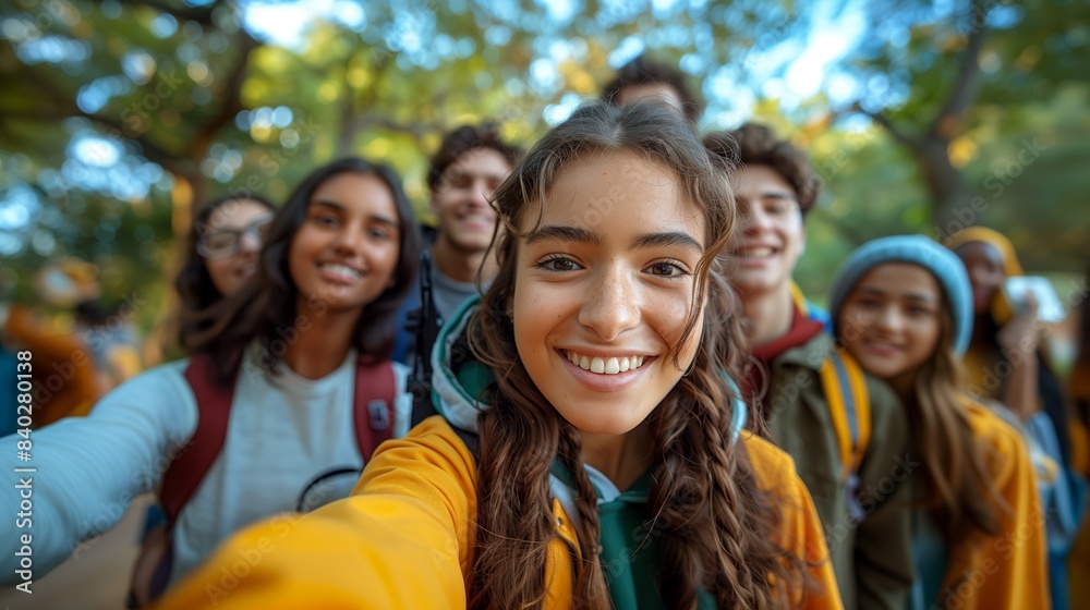 Fototapeta premium Multiracial students taking selfie in front of an university campus